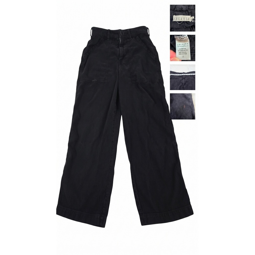 LACAUSA Black Wide Leg Utility Pants Tencel Cotton Trouser Size 2 Made in USA
